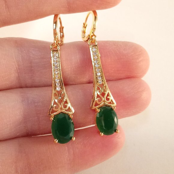 18K Yellow Gold Filled Emerald Green Diamond Zircon Dangle Earrings 1.86ctw - Picture 2 of 3